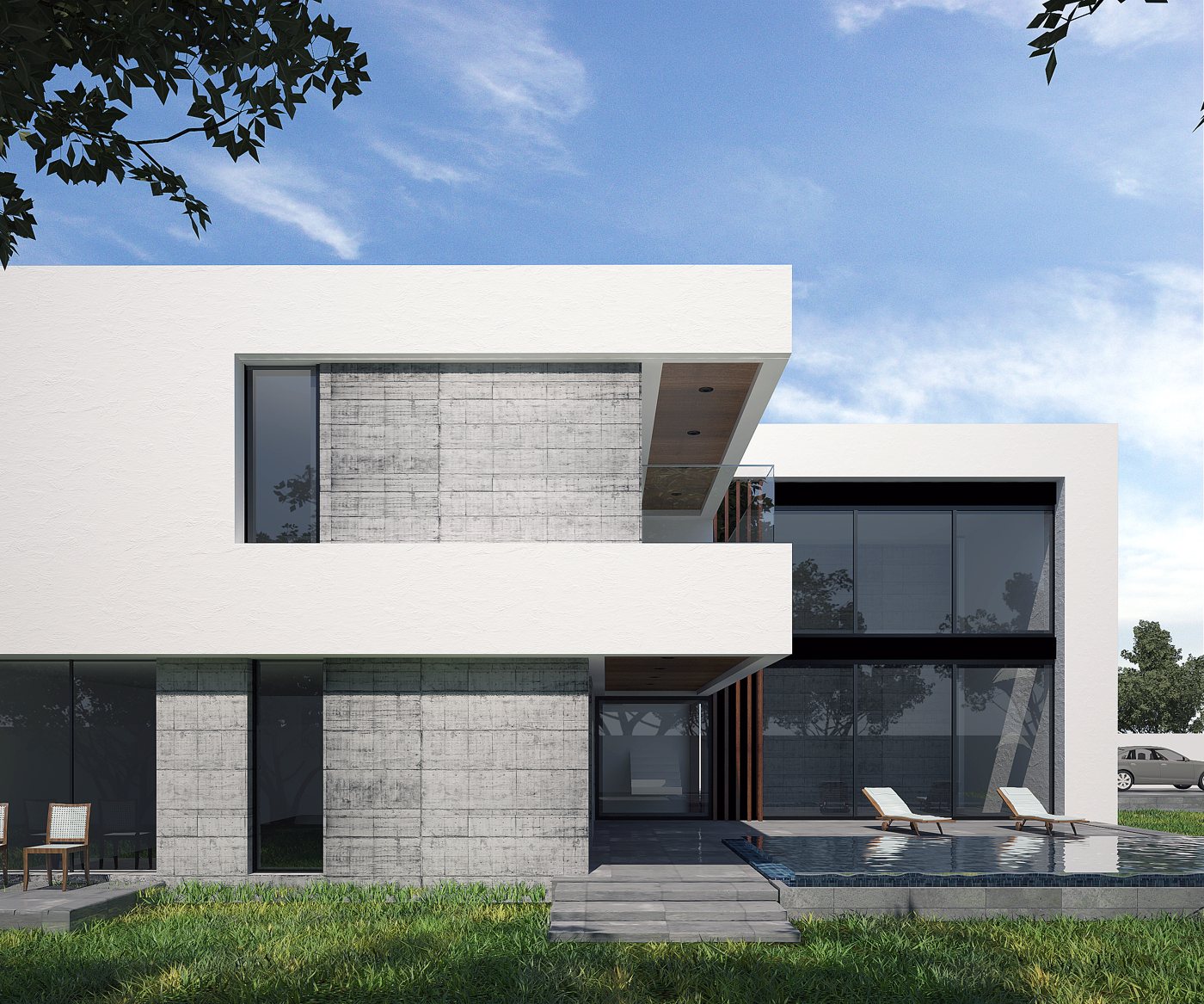 Villa moderne : façade blanche en porte-à-faux, béton brut et piscine